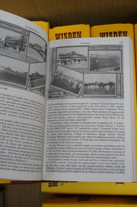 Wisden Cricketers' Almanack, 1995-2021, (27 vols.) many photo illus. (incl. coloured plates), adverts.; publisher's gilt lettered cloth (or faux leather), d/wrappers